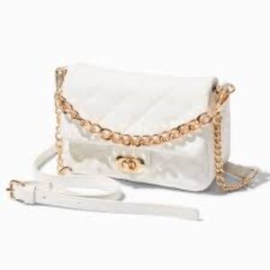 White Leather, cross stitched, cross body bag.